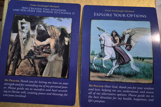 Two Archangel Michael oracle cards for the daily collective reading: You Created This Situation, and You Have the Power to Change It, and Explore Your Options