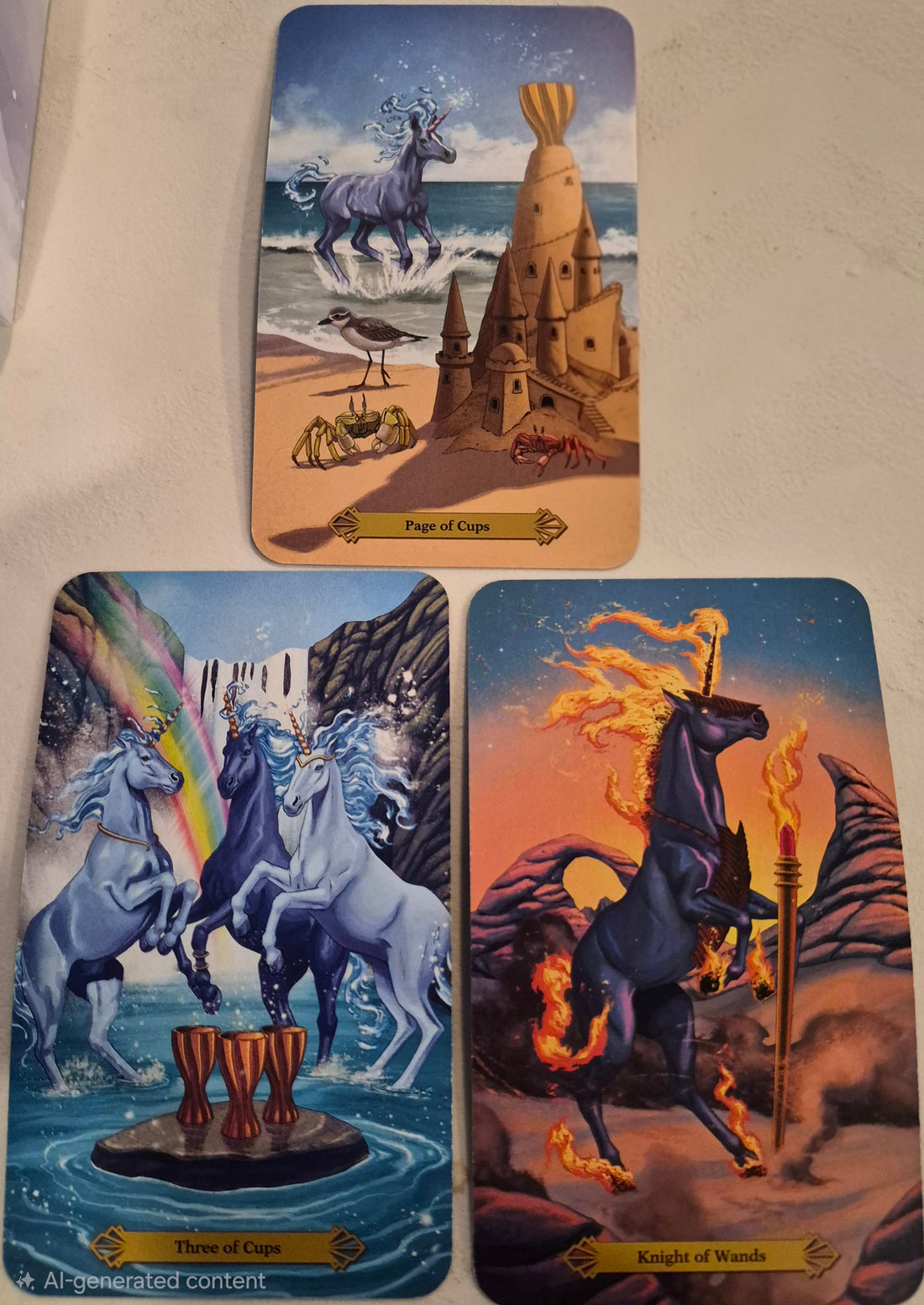 Three tarot cards from today's collective reading: Page of Cups, Three of Cups, and Knight of Wands