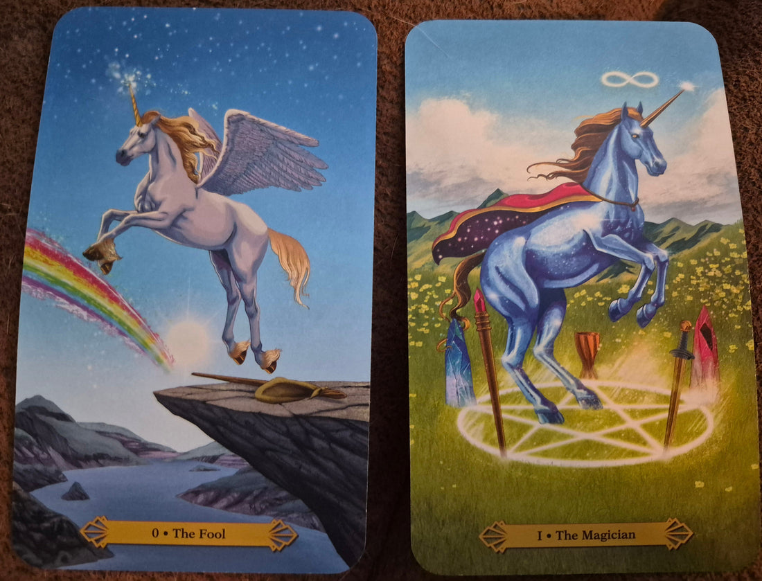 Two Unicorn Tarot cards: The Fool (0) and The Magician (I) — daily collective reading for August 22, 2026