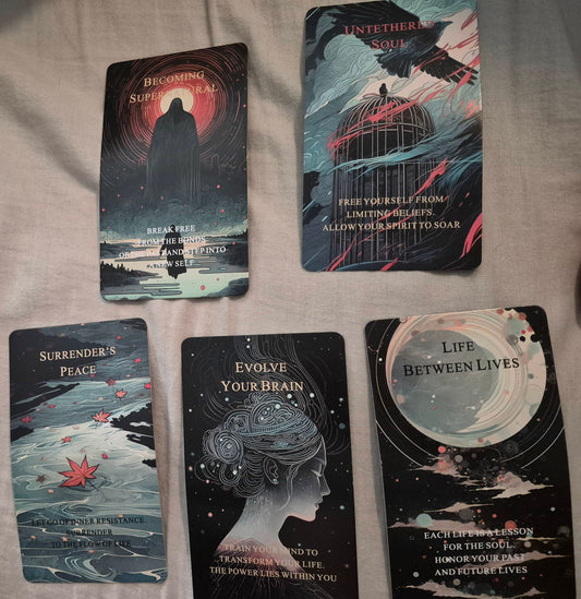 Five-card oracle spread: Becoming Supernatural, Untethered Soul, Surrender's Peace, Evolve Your Brain, and Life Between Lives.