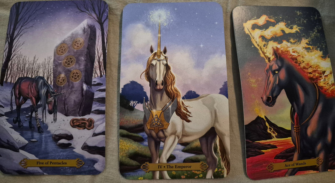 Daily collective tarot reading spread: Five of Pentacles, The Emperor, Ace of Wands – 3 Sisters Co. Crystals & Oddities