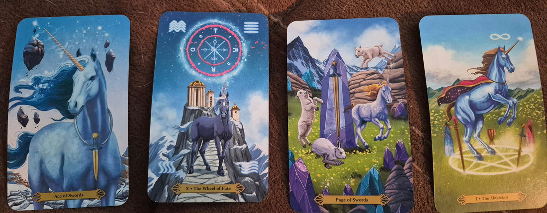 Daily collective tarot reading August 21 2026 — Ace of Swords, Wheel of Fate, Page of Swords, The Magician from the Unicorn Tarot deck