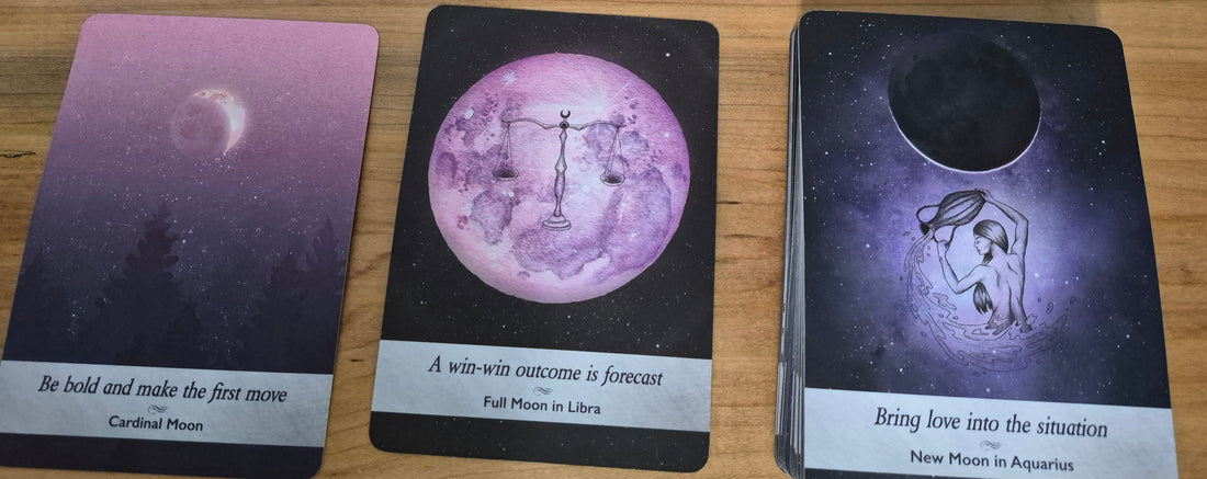 Three oracle moon cards: Cardinal Moon, Full Moon in Libra, and New Moon in Aquarius for daily collective reading August 27 2026