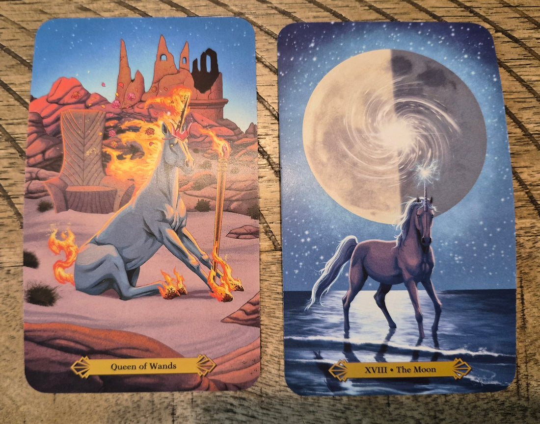 Daily collective tarot reading – Queen of Wands and The Moon cards from a unicorn tarot deck