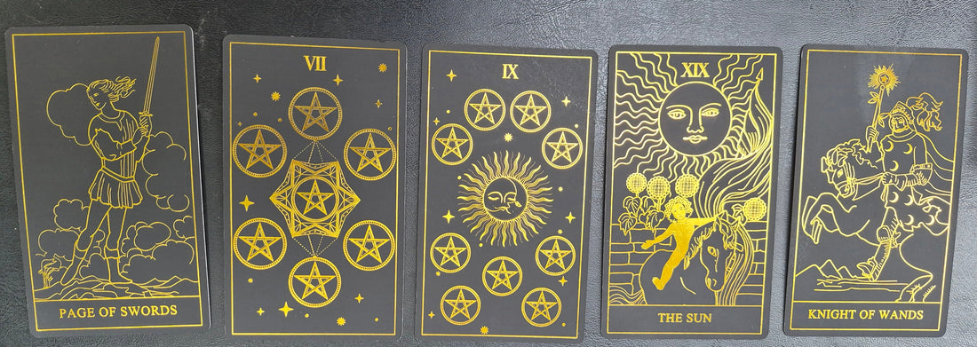 Five tarot cards laid out for September 24, 2026 daily collective reading: Page of Swords, Seven of Pentacles, Nine of Pentacles, The Sun, Knight of Wands
