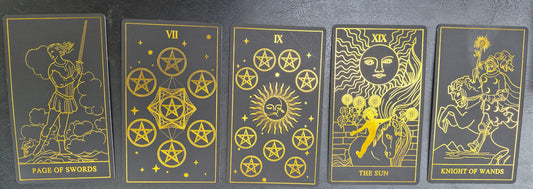 Five tarot cards laid out for September 24, 2026 daily collective reading: Page of Swords, Seven of Pentacles, Nine of Pentacles, The Sun, Knight of Wands