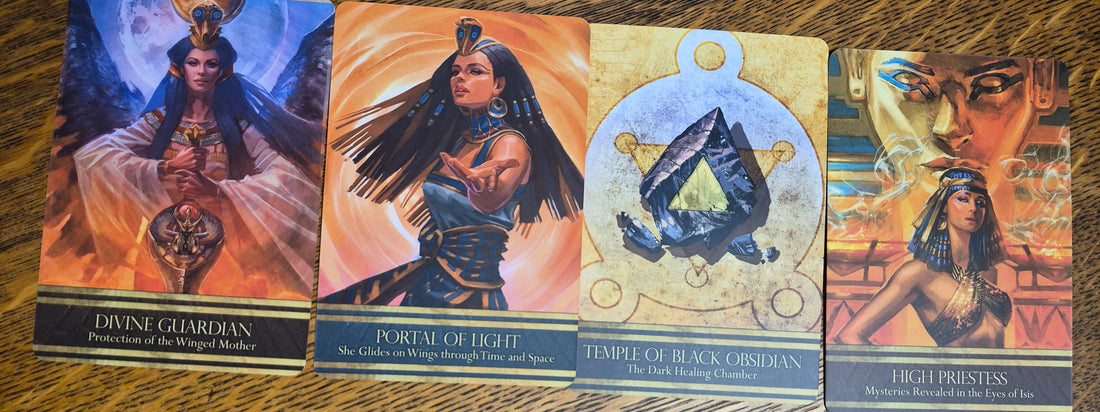 Four-card oracle spread featuring Divine Guardian, Portal of Light, Temple of Black Obsidian, and High Priestess.