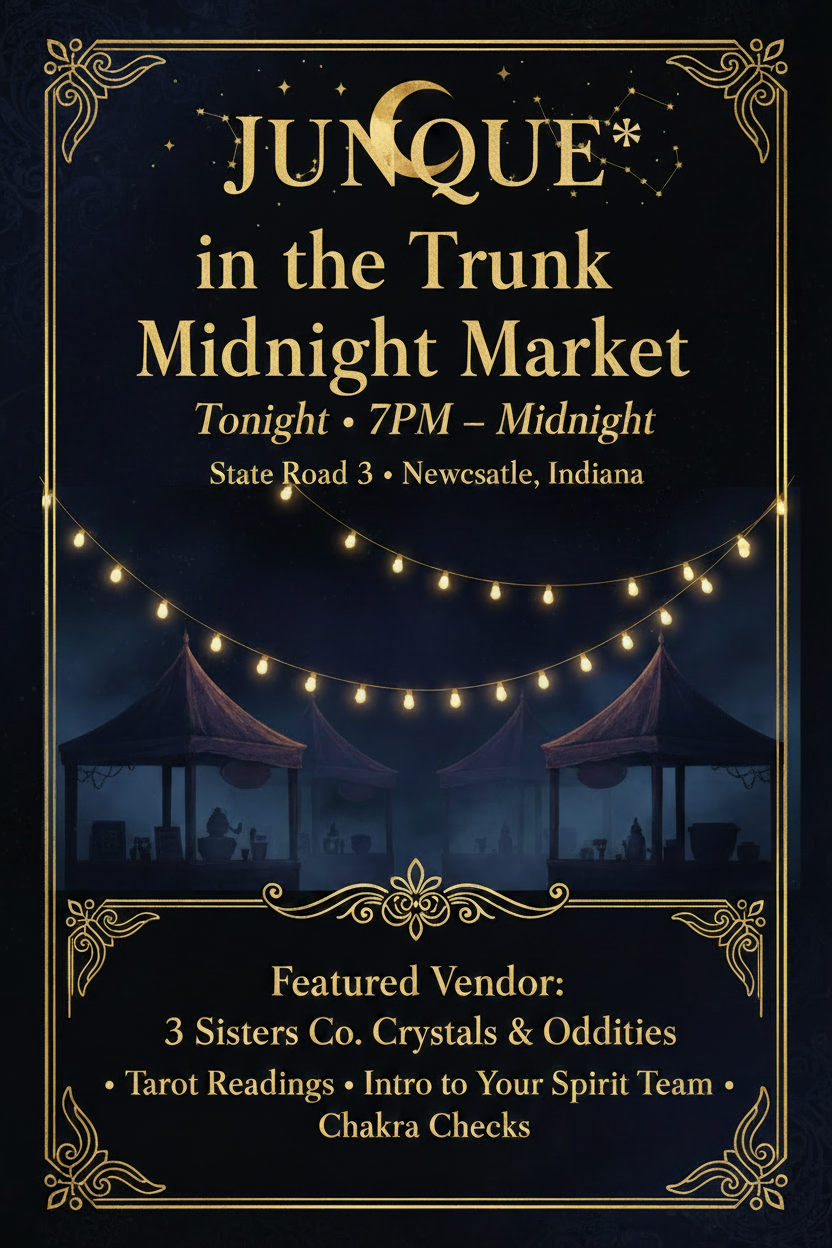 Junque in the Trunk Midnight Market flyer – 3 Sisters Co. Crystals & Oddities featured vendor, June 20, 7PM–Midnight, Newcastle Indiana