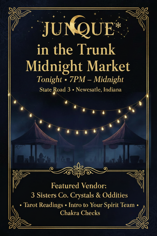 Junque in the Trunk Midnight Market flyer – 3 Sisters Co. Crystals & Oddities featured vendor, June 20, 7PM–Midnight, Newcastle Indiana