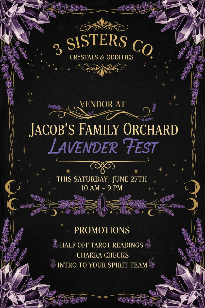 3 Sisters Co. Crystals & Oddities vendor flyer for Jacob's Family Orchard Lavender Fest, June 27th
