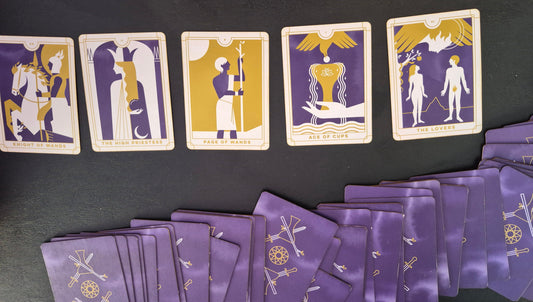 Daily collective tarot reading spread featuring Knight of Wands, The High Priestess, Page of Wands, Ace of Cups, and The Lovers