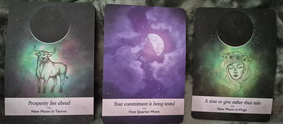 Three oracle cards for daily collective reading: New Moon in Taurus, First Quarter Moon, New Moon in Virgo