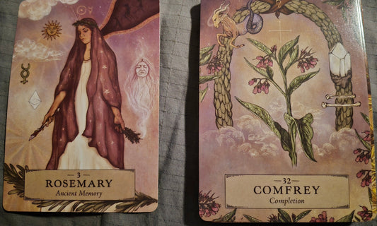Rosemary Ancient Memory and Comfrey Completion oracle cards from a plant medicine deck
