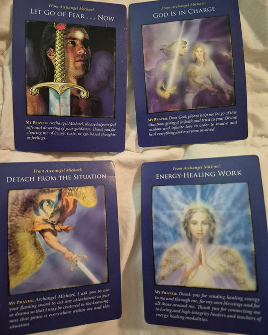 Four Archangel Michael oracle cards: Let Go of Fear Now, God Is in Charge, Detach from the Situation, Energy-Healing Work