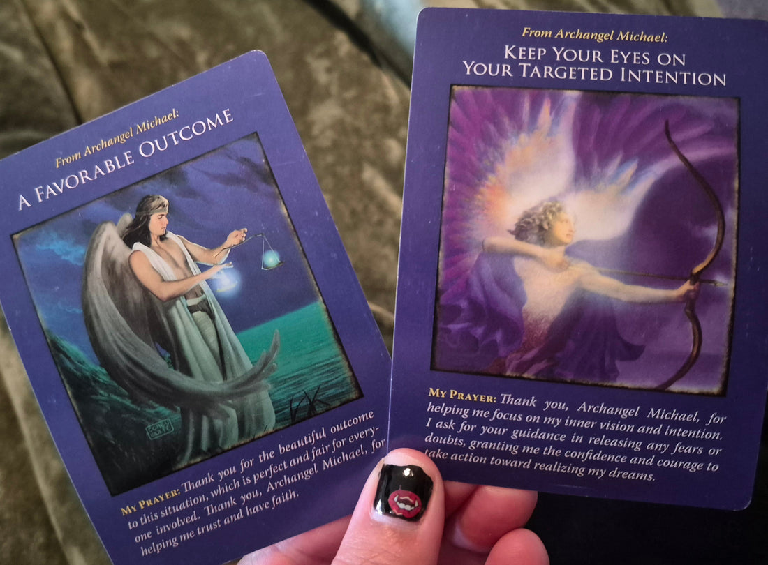 Two Archangel Michael oracle cards: A Favorable Outcome and Keep Your Eyes on Your Targeted Intention