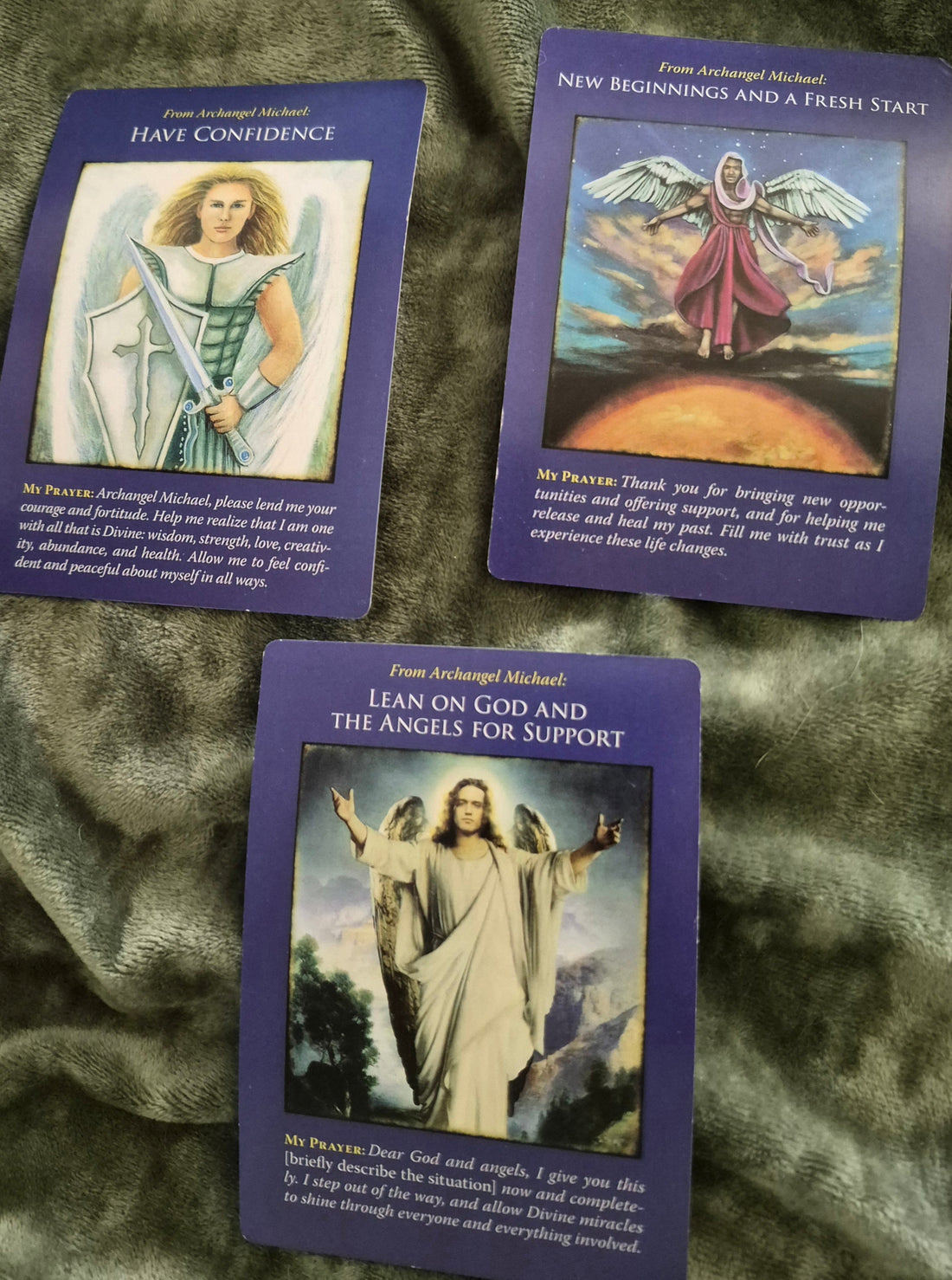 Three Archangel Michael oracle cards: Have Confidence, New Beginnings and a Fresh Start, Lean on God and the Angels for Support