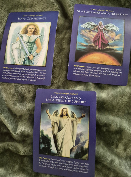 Three Archangel Michael oracle cards: Have Confidence, New Beginnings and a Fresh Start, Lean on God and the Angels for Support