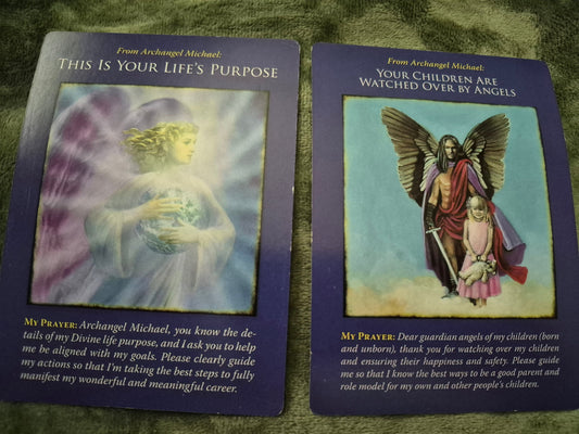 Two Archangel Michael oracle cards — This Is Your Life's Purpose and Your Children Are Watched Over by Angels