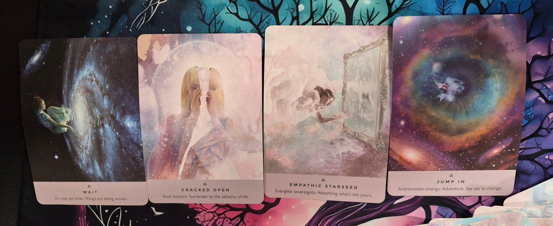 Four oracle cards: Wait, Cracked Open, Empathic Starseed, Jump In