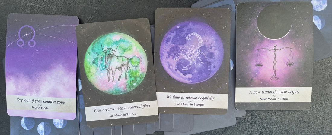 Four tarot oracle cards: North Node, Full Moon in Taurus, Full Moon in Scorpio, New Moon in Libra