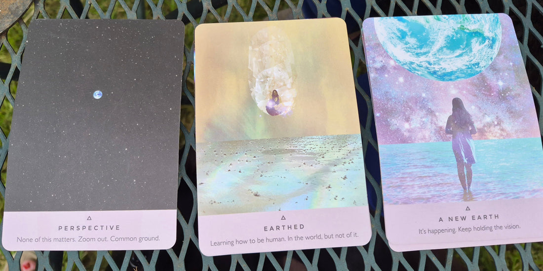 Three oracle cards laid out: Perspective, Earthed, and A New Earth — daily collective reading June 1 2026