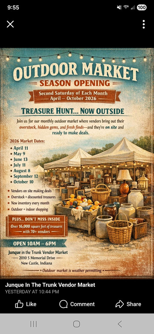 Junque in the Trunk Outdoor Vendor Market Season Opening flyer – April through October 2026
