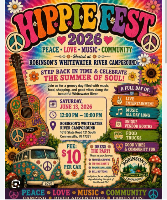 Hippie Fest 2026 event flyer - Saturday June 13 at Robinson's Whitewater River Campground