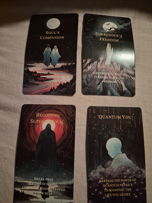Four oracle cards laid out for the daily collective reading: Soul's Companion, Surrender's Freedom, Becoming Supernatural, and Quantum You