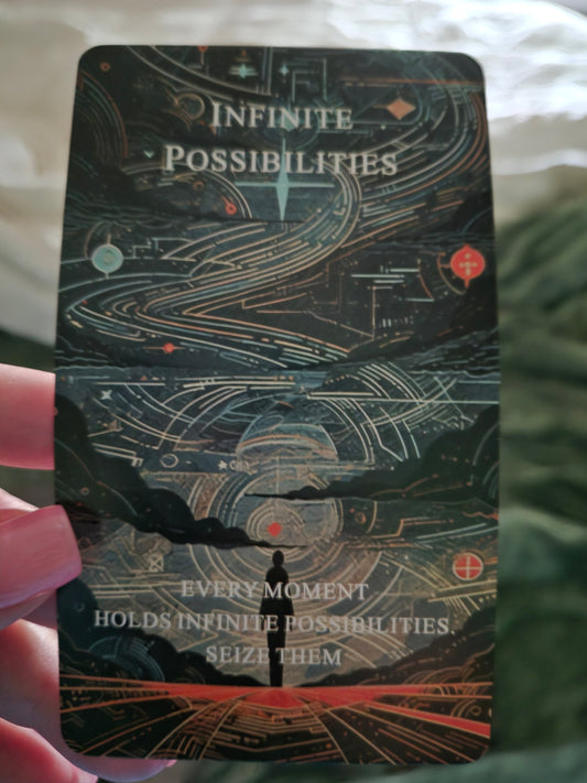Oracle card reading - Infinite Possibilities card showing a cosmic figure surrounded by swirling universal pathways