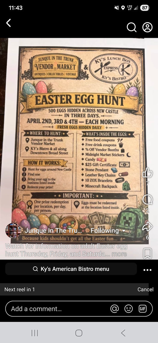 Junque in the Trunk Easter Egg Hunt flyer — April 2nd, 3rd & 4th in New Castle
