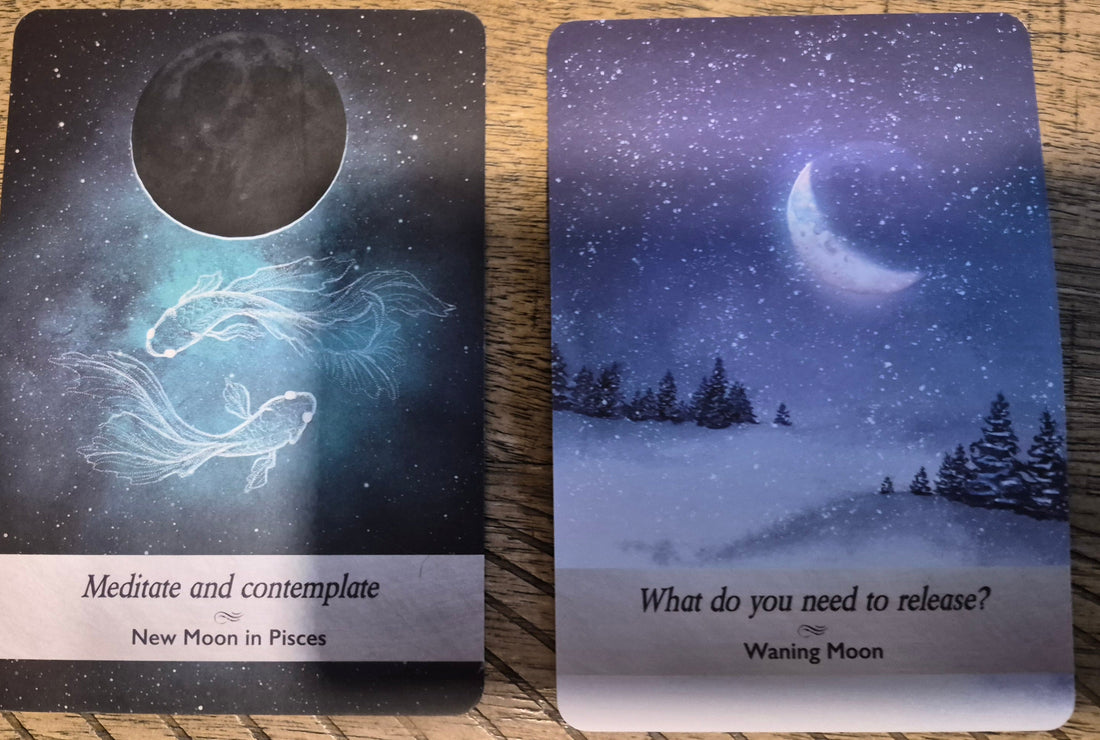 Two oracle cards: New Moon in Pisces – Meditate and Contemplate, and Waning Moon – What Do You Need to Release?