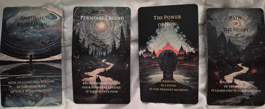 Four oracle cards laid out for the daily collective reading: Spiritual Regression, Personal Legend, The Power of Now, and Path of the Heart