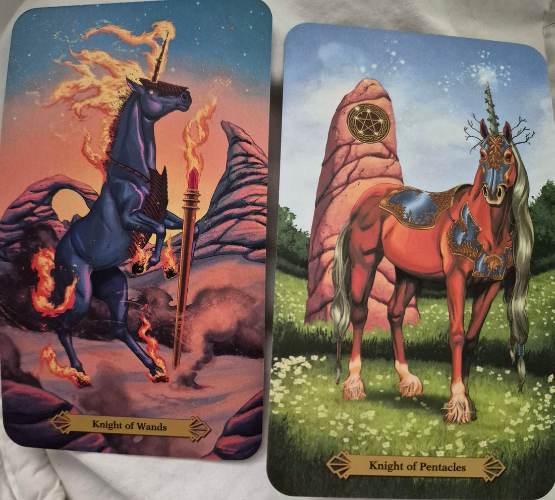Knight of Wands and Knight of Pentacles tarot cards from a unicorn tarot deck — daily collective reading July 23 2026