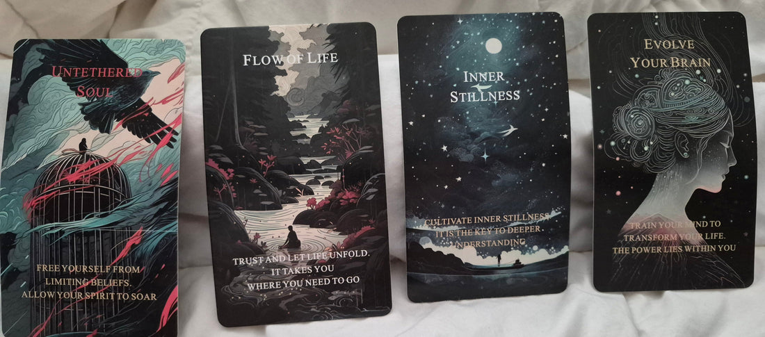 Four oracle cards laid out for a daily collective reading: Untethered Soul, Flow of Life, Inner Stillness, and Evolve Your Brain