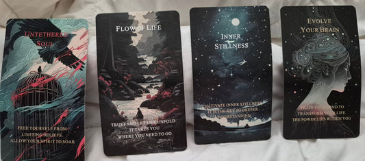 Four oracle cards laid out for a daily collective reading: Untethered Soul, Flow of Life, Inner Stillness, and Evolve Your Brain